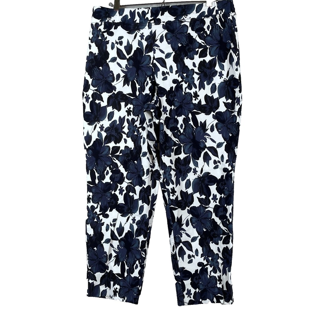 Eliane Rose Womens 14W Floral Stretch Crop Pants Blue White Pull On EUC